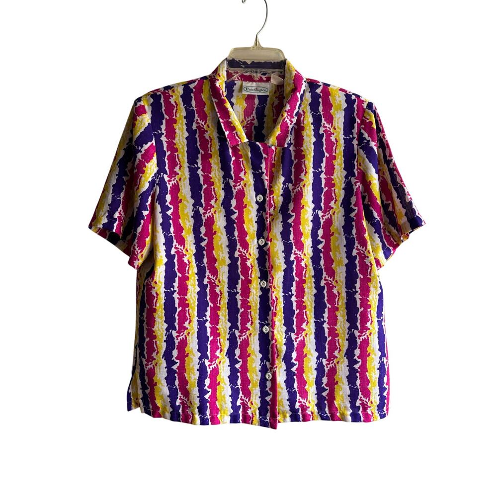 Patchington Vintage Blouse Womens M Colorful Striped Polyester Short Sleeve